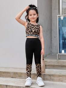 SHEIN Tank Top und Leggings mit Leopardenmuster und Buchstabenstreifen für junge Mädchen
