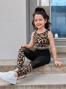 SHEIN Tank Top und Leggings mit Leopardenmuster und Buchstabenstreifen für junge Mädchen