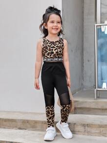 SHEIN Tank Top und Leggings mit Leopardenmuster und Buchstabenstreifen für junge Mädchen