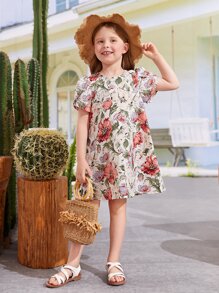 SHEIN 小女童印花花瓣袖娃娃裙