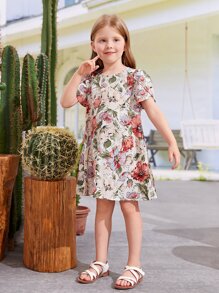 SHEIN 小女童印花花瓣袖娃娃裙