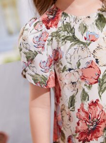 SHEIN 小女童印花花瓣袖娃娃裙