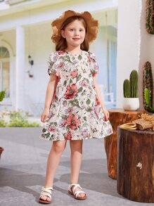 SHEIN 小女童印花花瓣袖娃娃裙
