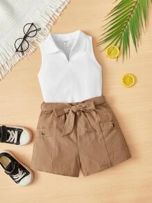SHEIN Toddler Girls Ribbed Knit Tank Top & Belted Shorts - Multicolor - View 1