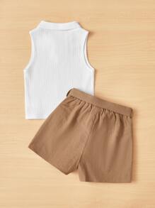 SHEIN Toddler Girls Ribbed Knit Tank Top & Belted Shorts - Multicolor - View 2