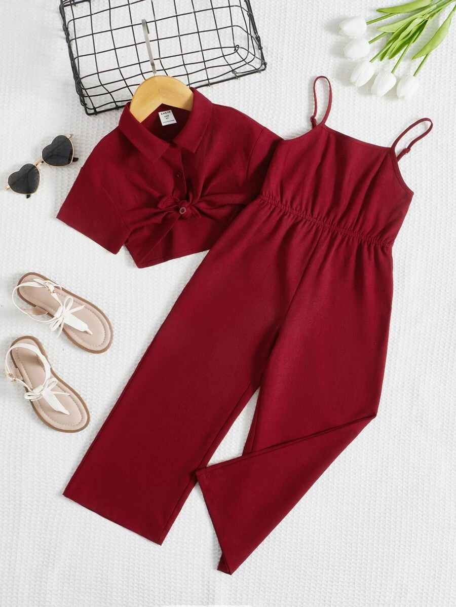 SHEIN Toddler Girls Solid Cami Jumpsuit & Button Front Shirt - Burgundy - View 1