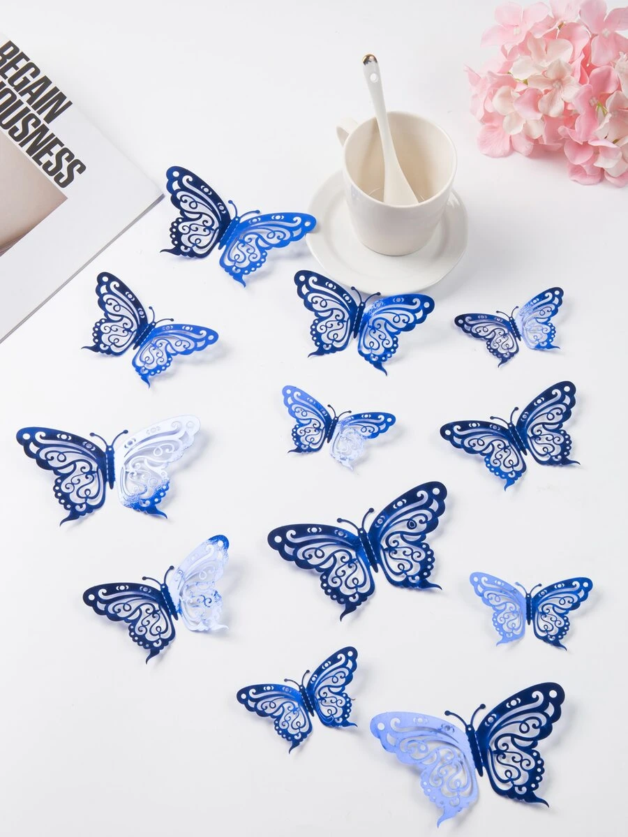 12 miếng dán bướm giấy, trang trí tường hình bướm 3D tự dính rỗng - Màu xanh lam - Xem 1