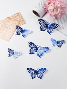 12 miếng dán bướm giấy, trang trí tường hình bướm 3D tự dính rỗng - Màu xanh lam - Xem 2