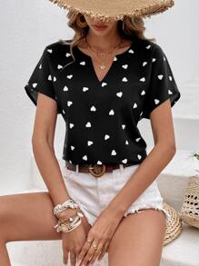 SHEIN LUNE Heart Print Notched Neck Batwing Sleeve Blouse - Black - View 1