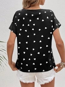 SHEIN LUNE Heart Print Notched Neck Batwing Sleeve Blouse - Black - View 2