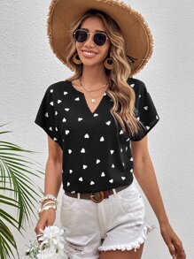 SHEIN LUNE Heart Print Notched Neck Batwing Sleeve Blouse - Black - View 3