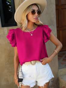 SHEIN Clasi Blusa con volantes lisos, blusas de manga corta - Rosa Fucsia - Ver 1