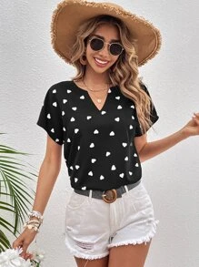 SHEIN LUNE Heart Print Notched Neck Batwing Sleeve Blouse - Black - View 5