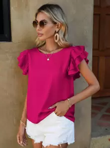 SHEIN Clasi Blusa con volantes lisos, blusas de manga corta - Rosa Fucsia - Ver 5