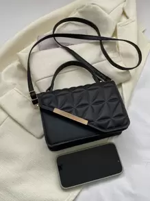 迷你方形包绗缝不对称翻盖 PU 黑色 - 黑色 - 查看 4