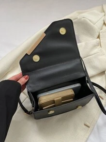 迷你方形包绗缝不对称翻盖 PU 黑色 - 黑色 - 查看 5