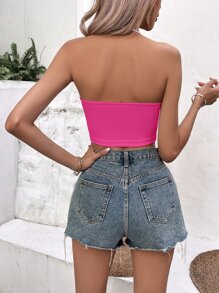 SHEIN Essnce Solid Crop Halter Top - Hot Pink - View 2