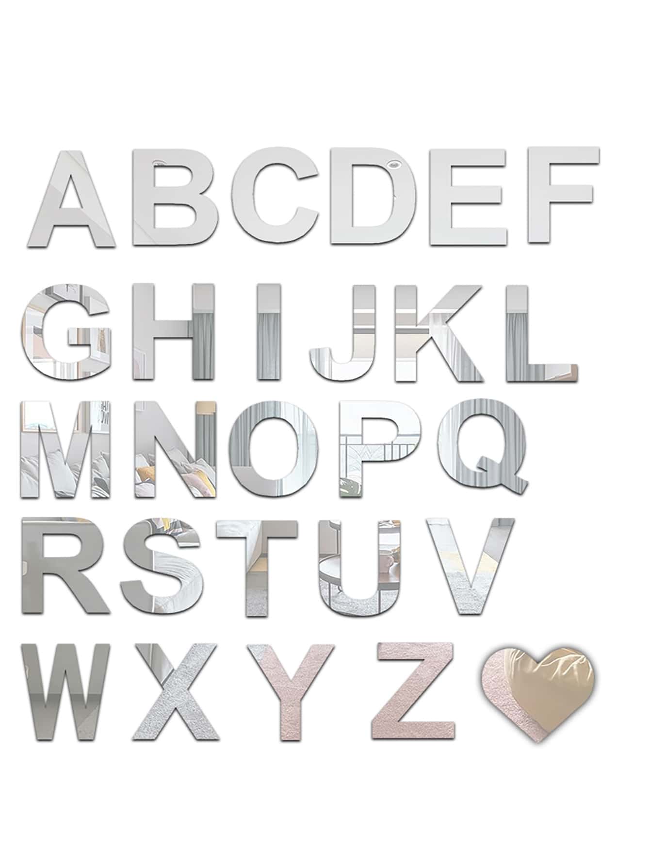 1 miếng dán tường hình chữ cái, miếng dán tường PMMA màu bạc dùng để trang trí nhà cửa, trang trí phòng, gương treo tường, gương cho phòng, trang trí phòng tắm, trang trí phòng khách - Bạc - Xem 1