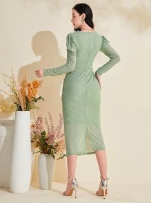 Modelyn Surplice Neck Ruched Side Puff Sleeve Glitter Mesh Dress - Mint Green - View 2