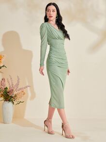 Modelyn Surplice Neck Ruched Side Puff Sleeve Glitter Mesh Dress - Mint Green - View 6