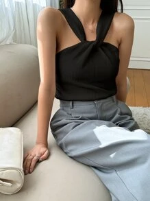 DAZY Áo hai dây xoắn phía trước cho các buổi đi chơi - màu đen - Xem 1