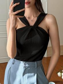 DAZY Áo hai dây xoắn phía trước cho các buổi đi chơi - màu đen - Xem 4