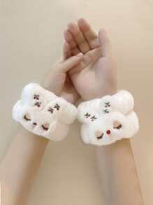 1pc Cartoon Rabbit Embroidered Fuzzy Wristband, Cute Plush Wristlet For Bathroom - White - View 1