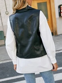 Giolshon 女士秋冬摩托车仿皮无袖夹克，带口袋 - 黑色 - 查看 3