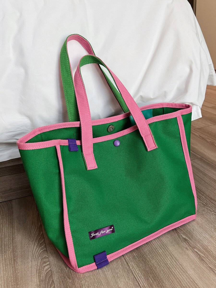 中性大容量拼色帆布手提袋,時尚休閒女式肩背包(綠色) - 彩色 - 查看 1