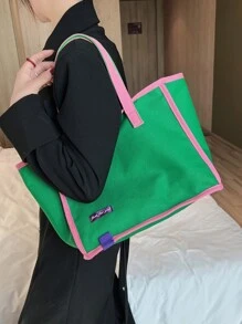 中性大容量拼色帆布手提袋,時尚休閒女式肩背包(綠色) - 彩色 - 查看 2