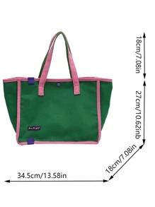 中性大容量拼色帆布手提袋,時尚休閒女式肩背包(綠色) - 彩色 - 查看 3