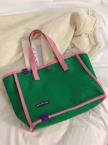 中性大容量拼色帆布手提袋,時尚休閒女式肩背包(綠色) - 彩色 - 查看 4