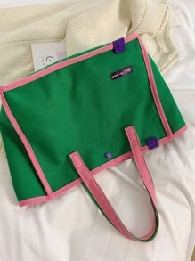中性大容量拼色帆布手提袋,時尚休閒女式肩背包(綠色) - 彩色 - 查看 5