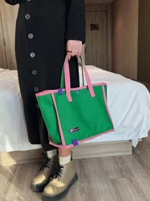 中性大容量拼色帆布手提袋,時尚休閒女式肩背包(綠色) - 彩色 - 查看 6