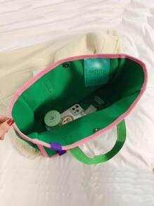 中性大容量拼色帆布手提袋,時尚休閒女式肩背包(綠色) - 彩色 - 查看 8