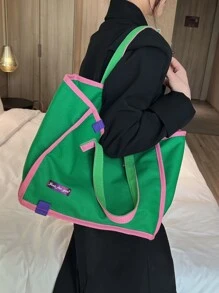 中性大容量拼色帆布手提袋,時尚休閒女式肩背包(綠色) - 彩色 - 查看 9