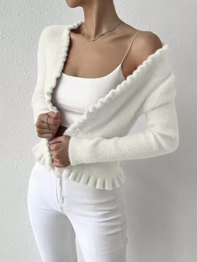 EMERY ROSE Frill Trim Casual Design Cardigan Fall Winter Cloth For Women
