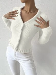 EMERY ROSE Frill Trim Casual Design Cardigan Fall Winter Cloth For Women - White - View 3
