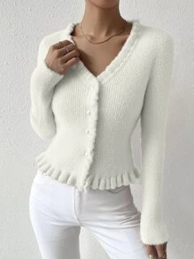EMERY ROSE Frill Trim Casual Design Cardigan Fall Winter Cloth For Women - White - View 6