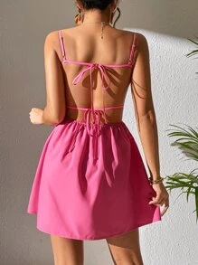 SHEIN PETITE Đầm Lộ Lưng Buộc lại Thắt nơ trước Nếp gấp Phần Ngực màu trơn Gợi cảm - Hồng - Xem 2