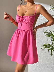 SHEIN PETITE Đầm Lộ Lưng Buộc lại Thắt nơ trước Nếp gấp Phần Ngực màu trơn Gợi cảm - Hồng - Xem 5