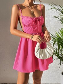 SHEIN PETITE Đầm Lộ Lưng Buộc lại Thắt nơ trước Nếp gấp Phần Ngực màu trơn Gợi cảm - Hồng - Xem 6