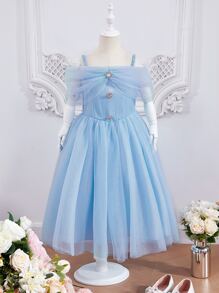 SHEIN 女孩挖肩荷葉邊網紗覆蓋胸部褶皺連衣裙 - 淺藍色 - 查看 1