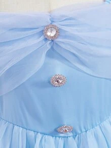 SHEIN 女孩挖肩荷葉邊網紗覆蓋胸部褶皺連衣裙 - 淺藍色 - 查看 3