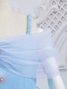 SHEIN 女孩挖肩荷葉邊網紗覆蓋胸部褶皺連衣裙 - 淺藍色 - 查看 4
