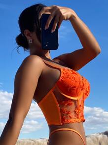 Floral Embroidery Mesh Underwire Bra - Orange - View 3