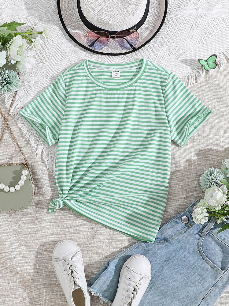 חולצה עם הדפס פסים של Tween Girl ללא מכנסיים קצרים - ירוק - ראה 1