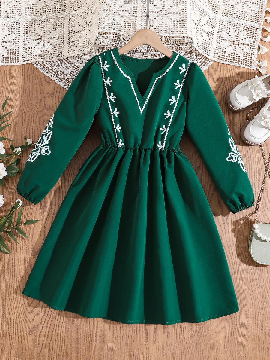 SHEIN Đầm Gái Thực vật Boho - Màu xanh lá cây đậm - Xem 1