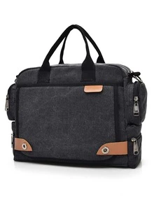 斜肩包帆布單肩包郵差包手提包旅行休閒中等手提包 - 黑色 - 查看 3