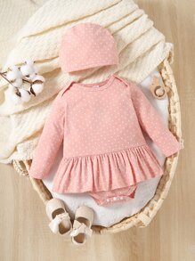 SHEIN Baby Polka Dot Print Ruffle Hem Combo Sleep Bodysuit Dress - Pink - View 1